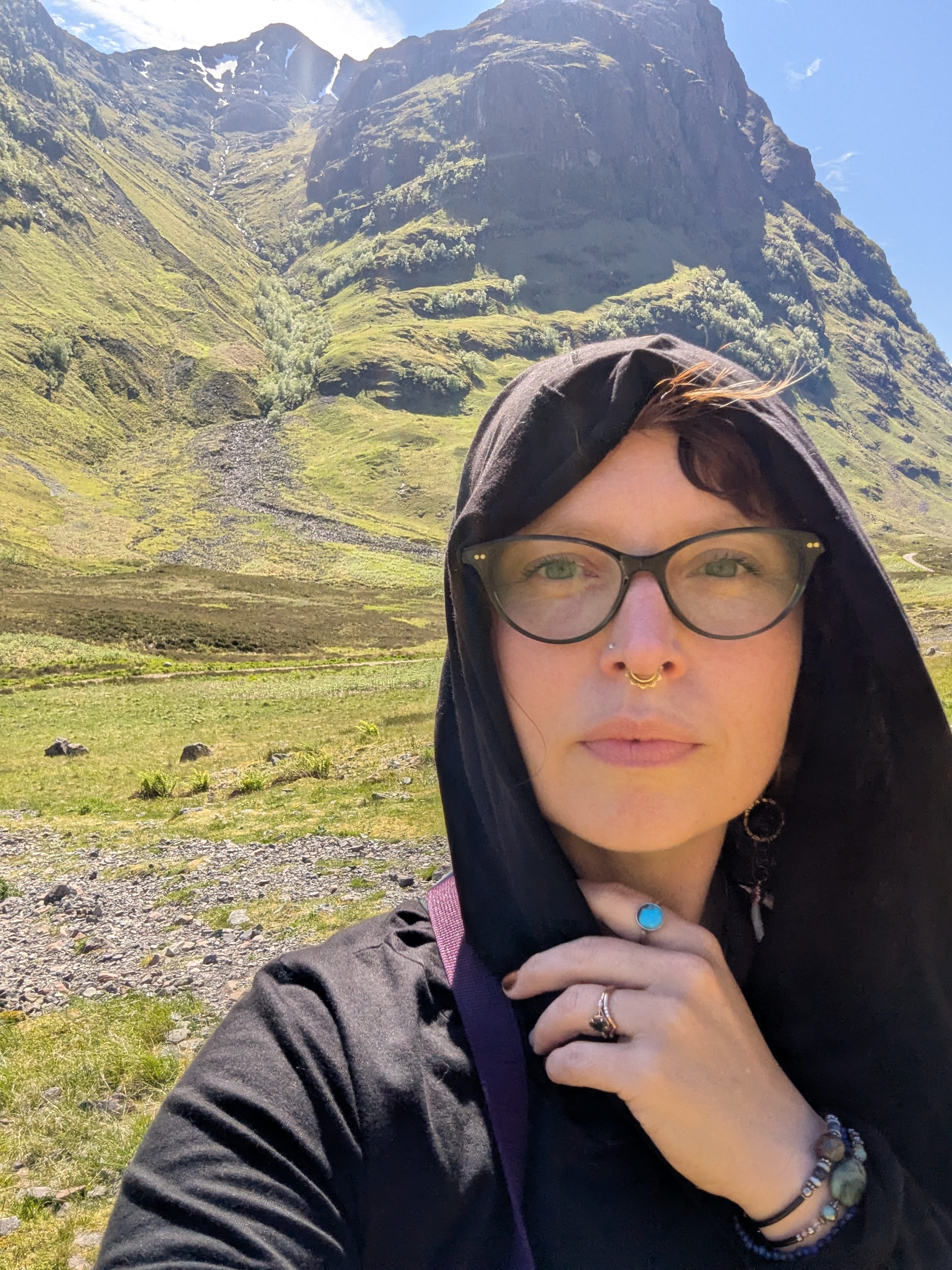 Heather at Glencoe with hoody on